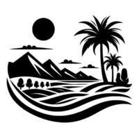 Black and White Landscape Mountains, Trees, Palms, Sun, Clouds, and Undulating Foreground, Stylized Beach Scene. vector