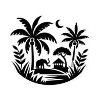 Black and white tropical scene with an elephant, a house, palm trees, and a crescent moon, depicting an African safari. vector
