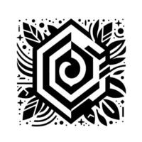 Black and white geometric floral with a central hexagonal spiral, enclosed within a square frame featuring stylized leaves, dots, and crosses. vector