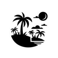 Minimalist black and white illustration of a tropical island with palm trees, moon, and clouds. Silhouette design. vector