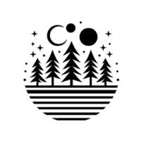 Minimalist Black White Nightscape Coniferous Trees Under Crescent Moon, Stars, and Celestial Orbs Within a Striped Sphere. vector