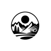 Black and white circular featuring stylized mountains, trees, sun, and fields. vector