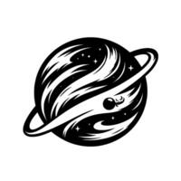 Stylized Black and White Celestial Planet with Rings, Stars, a small sphere, and a cosmic creature element on a minimalist white background. vector