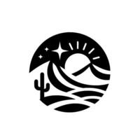 Monochrome desert landscape within a circle featuring sun, mountains, stars, and a cactus, a minimalist design. vector
