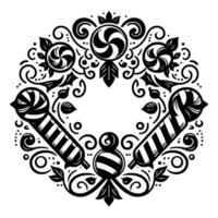 Intricate Black White Candy Garland with Swirls, Lollipops, and Striped Candy Canes Arranged in a Decorative Floral Wreath. vector