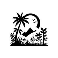 Stylized black and white minimalist landscape featuring a palm tree, mountains, birds, check mark, and varied vegetation against a clean white backdrop. vector