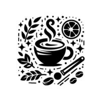 Artistic, Minimalist, Monochromatic Illustration of Coffee Cup with Steam, Coffee Beans, Lemon Slice, and Leafy Elements. vector