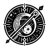 Intricate Black and White Circular with Celestial Elements Stars, Moons, and a CompassLike Structure. vector