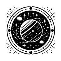 Intricate Black and White Celestial Mandala A stylized depiction of a planet with rings, surrounded by stars and celestial objects within a circular frame. vector