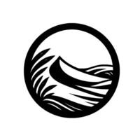 Circular Minimalist Illustration Mountains and Water with a Crescent Moon, Enclosed by a Black Circle and Leafy Border. vector