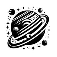 Striking Black and White Illustration of a Ringed Planet Surrounded by Celestial Spheres and StarLike Elements. vector