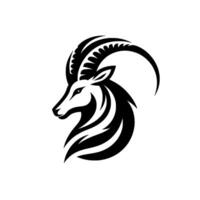 Monochromatic Emblem Detailed Silhouette of a Majestic Ibex Head with Curving Horns in Minimalist Style vector