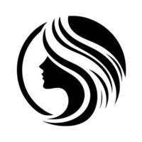 Silhouette of a womans profile with flowing, stylized hair, encased in a black circular frame, creating a minimalist, elegant design. vector