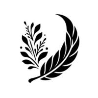 Minimalist black botanical feather and leaf design, forming a crescent shape, set against a clean white backdrop. vector