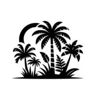 Stylized Black and White Palm Trees Silhouette with Lush Foliage, Island Aesthetic, Minimalist Design, Arched Element. vector