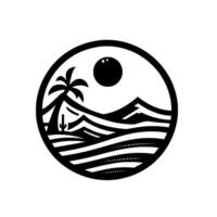 Black and white circular desert landscape illustration with a palm tree, cactus, mountains, sun, and stylized water waves. vector