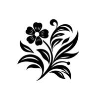 Bold Black and White Floral Motif Elegant Blossom with Detailed Leaves and Curled Tendrils on a Clean White Background. vector