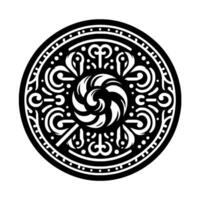 Intricate black and white circular pattern with a swirling central motif, ornate decorative elements, and a dotted border, isolated on white. vector