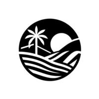 Circular Black and White of Palm Tree, Sun, and Rolling Hills Depicting a Serene Landscape vector
