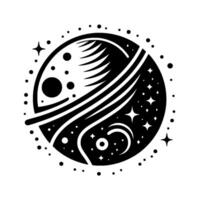 Monochromatic celestial emblem features a split sphere design, showcasing a fern, cosmic nebulae, starry sky, and crescent moon, with black ink art. vector