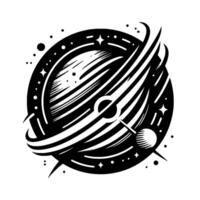Abstract black and white of a planet with swirling lines, star and comet elements, set against a white background. vector