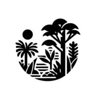Stylized Black and White Silhouette of a Tropical Landscape Within a Circular Frame Featuring Palm Tree, Broadleaf Trees, Sun, and Ground Vegetation. vector
