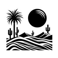 Silhouette of a Desert Landscape with Palm Tree, Cacti, Mountains, and a Sun, in a stark black and white design. vector