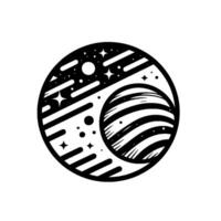 A monochromatic cosmic illustration depicting a planet partially eclipsed by a crescent, surrounded by stars, planets and streaking lines within a circle. vector