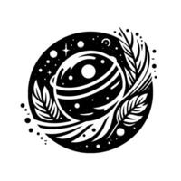 Black and White Minimalist Space Illustration Planet encircled by leaves and stars within a dark oval, a fusion of nature and cosmos. vector