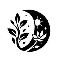 Yin Yang Symbol with Floral and Celestial Elements Crescent Moon, Sun, Leaves, and Flower in a Black and White Minimalist Design. vector