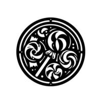 A monochromatic circular emblem featuring stylized lollipops, swirls, and decorative elements, perfect for branding or use. vector
