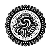 Intricate Black and White Circular Featuring Lollipop and Wrapped Candies within a Decorative Border vector