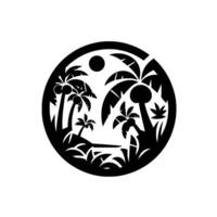 Stylized Black and White Tropical Landscape Within a Circle Palm Trees, Sun, and Foliage Silhouette, Design. vector