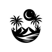 Minimalist black and white circular desert landscape featuring palm trees, mountains, crescent moon, and stars, creating a serene, night time scene. vector