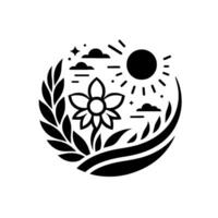 A symmetrical black and white circular illustration featuring a central flower, sun, clouds, stars, and surrounding foliage, representing nature and serenity. vector