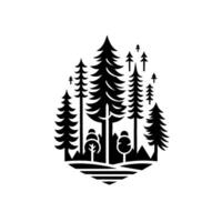 Minimalist Black and White Forest Silhouette A stylized, geometric woodland scene featuring various trees, mountains, and horizontal lines, creating a stylized emblem. vector