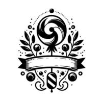 Elegant Black and White Emblem with Swirling Lollipop, Floral Elements, and Blank Ribbon in Oval Frame. vector