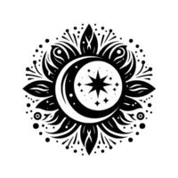 Intricate black and white mandala featuring a crescent moon, star, and floral elements on white background. vector