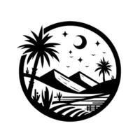 Serene black and white illustration of a desert oasis within a circle, featuring palm trees, mountains, crescent moon, and stars. vector