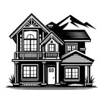Black and White Illustration of a TwoStory House with a Mountain Backdrop, Detailed Architectural Design. vector