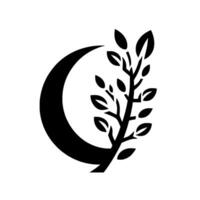 Minimalist Black and White Design Crescent Moon with Leafy Branch, Symbolic of Growth and Renewal vector