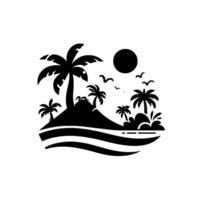 Silhouette tropical island scene featuring palm trees, a mountain, sun, birds, and ocean waves, in a minimalist black and white style. vector