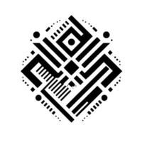 Symmetric Black and White Geometric Pattern Composed of Lines, Squares, Circles, and Dots on a White Background, Minimalist Design. vector