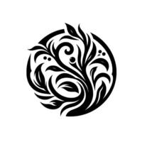 Circular Black and White Floral Design An elegant illustration featuring stylized leaves, swirls, and berries within a geometric circle, creating a sophisticated visual pattern. vector