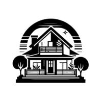 A monochromatic illustration of a quaint house with a porch, surrounded by trees, a geometric sun, and a star, evoking tranquility. vector