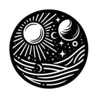 Celestial Circle Symbolic Black and White Illustration of Sun, Moon, Stars, and Ocean Waves Within a Round Frame. vector