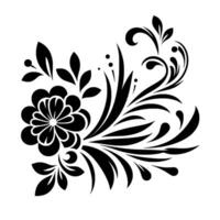Elegant Black and White Floral Design, featuring a stylized flower, leaves, and swirling patterns on a clean white background. vector