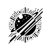 Stylized Black White Solar System Illustration Planet with Rings, Stars, and Cosmic Burst Effect Against White Background. vector