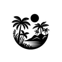 Black and white tropical island scene with palm trees, sun, and water within a circular frame, evoking a sense of serenity. vector