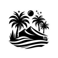 Black and White Tropical Oasis Palm Trees, Mountain, Moon, and Stars in a Simplified Illustration. vector